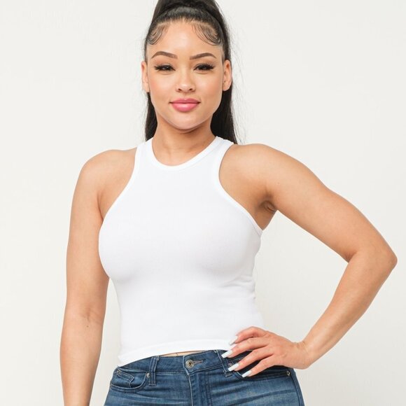 Boutique Tops - T3-Fine Ribbed High Neck Tank Top- NWT- White M/L